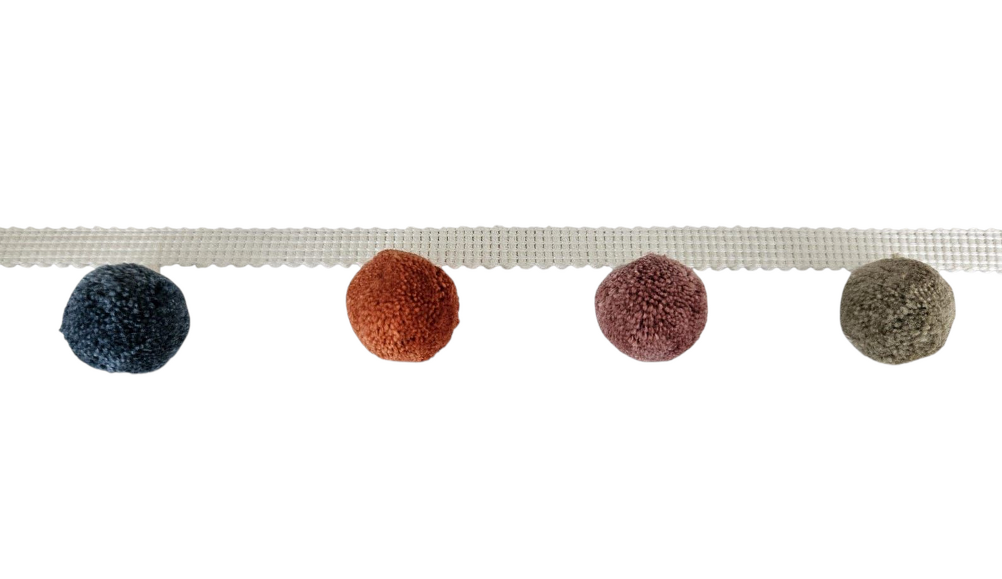 7 Multi colored pom pom trim, beech citrine oak china blue french blue pumpkin hellebore colors pom pom trim, pom pom poly ball fringe