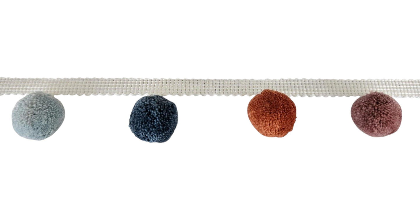 7 Multi colored pom pom trim, beech citrine oak china blue french blue pumpkin hellebore colors pom pom trim, pom pom poly ball fringe