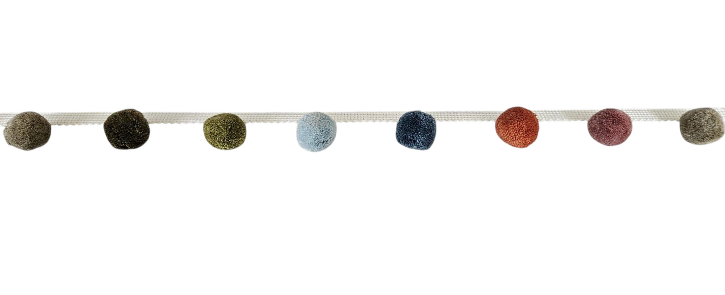 7 Multi colored pom pom trim, beech citrine oak china blue french blue pumpkin hellebore colors pom pom trim, pom pom poly ball fringe