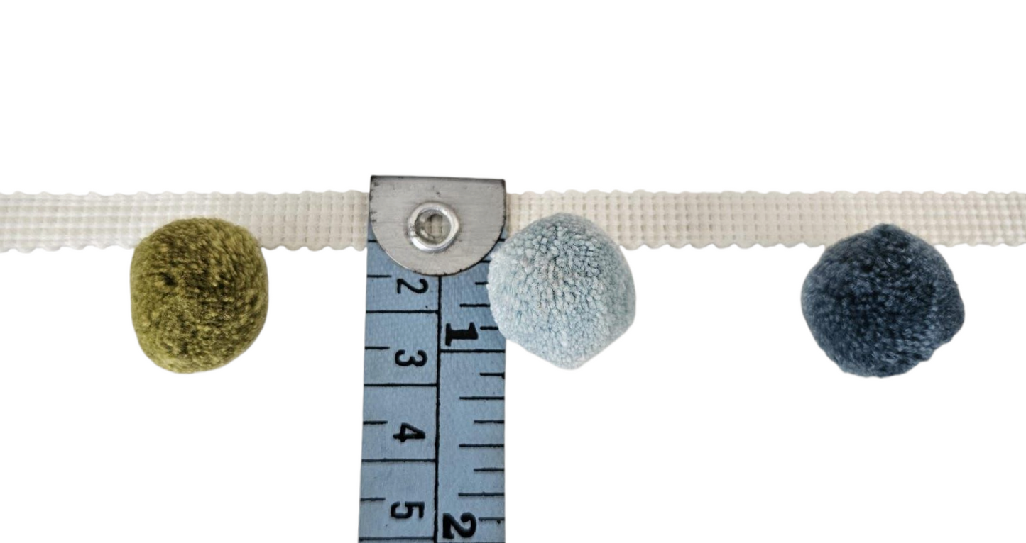 7 Multi colored pom pom trim, beech citrine oak china blue french blue pumpkin hellebore colors pom pom trim, pom pom poly ball fringe