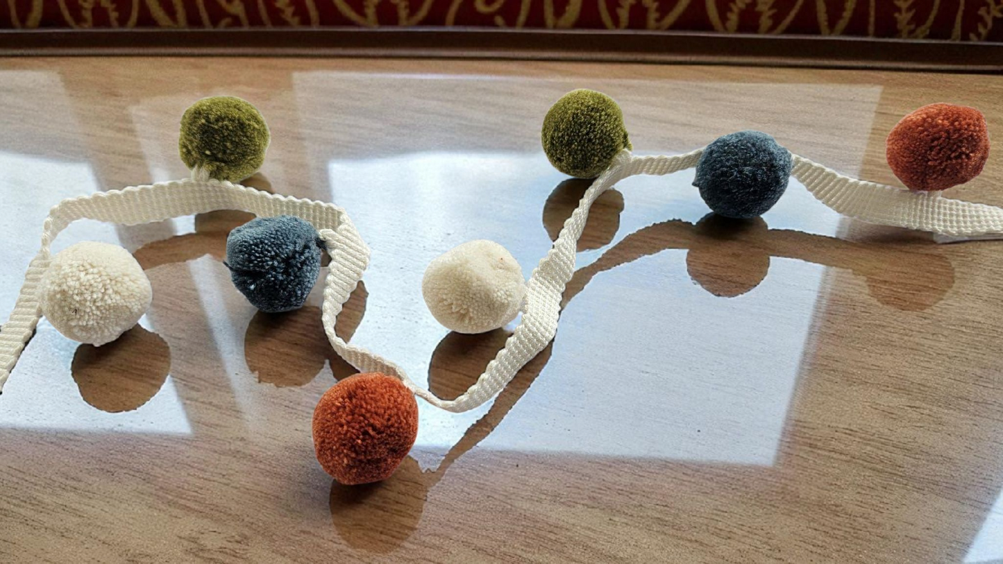2cm pom pom, pom pom trim, cushion pom pom, curtain pom pom, pom pom trim, pom pom fringe, ivory, french blue, citrine, pumpkin, bobble trim