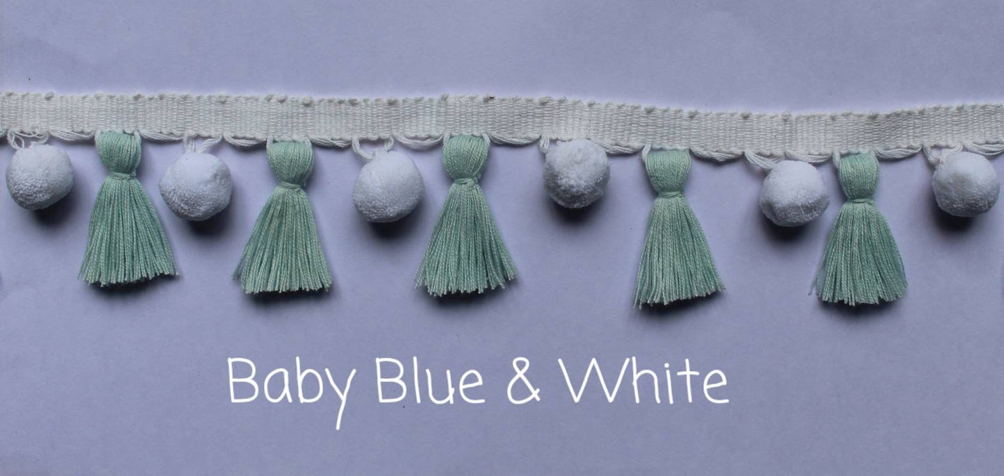 baby blue / white pom pom tassel