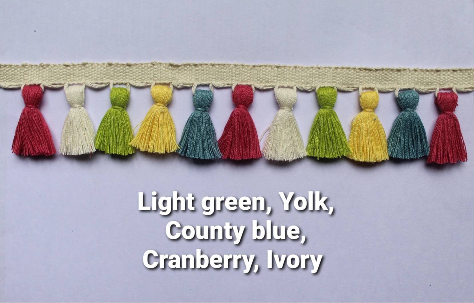 light green / yolk / county blue / cranberry / ivory tassel trim, tassel trim multi colored