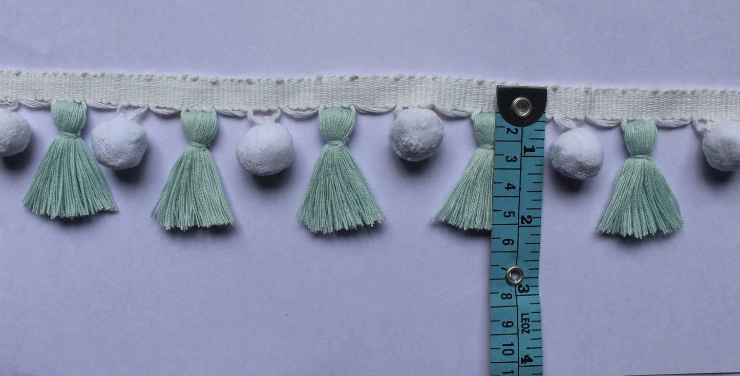 baby blue / white pom pom tassel