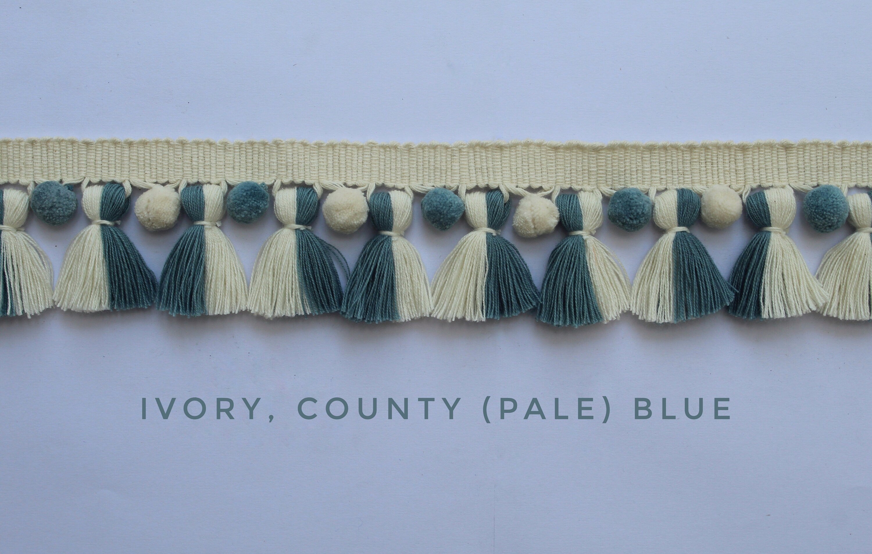 Ivory County blue pom pom tassel trim, pom pom trim, tassel trim