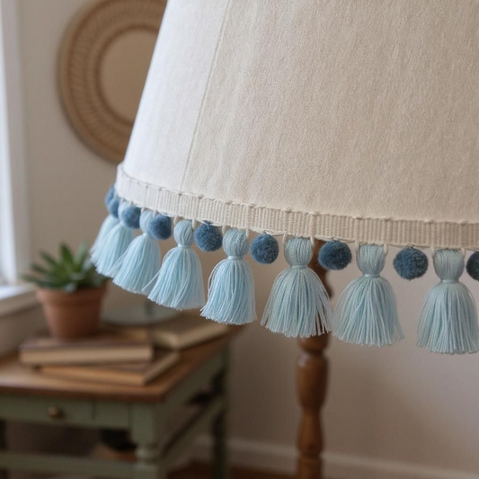 baby blue tassel, county blue pom pom, pale blue pom poms, pom pom tassel trim