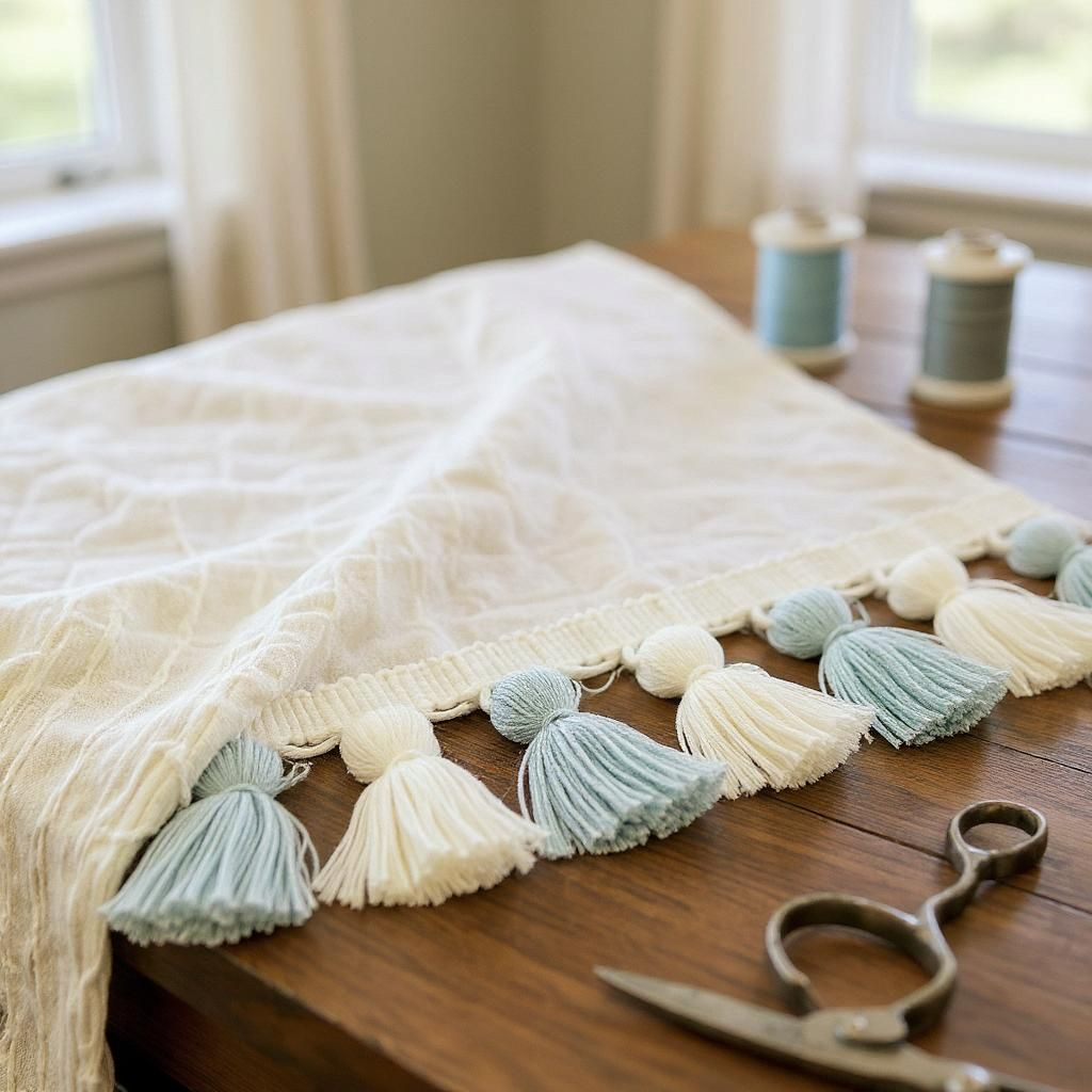 China blue and ivory Handmade tassel trim multi color, tassel trim, tassel trim by the yard, fringe trim, tassel fringe trim, lampshade trim