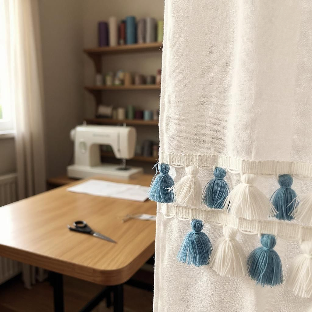 County blue and ivory tasse trim, tassel trim, tassel fringe, long fringe tassel, fringe trim, curtain tassel fringe, beaded tassel trim