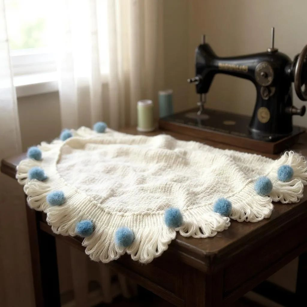Looped fringe trim, pale blue/county blue pom pom ivory fan edge trim, fan edge trim, pom pom trim, pale blue pom pom trim, ivory fan edge