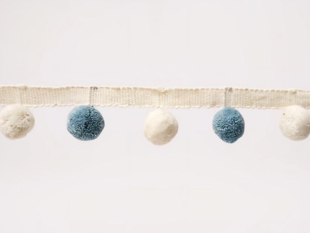 Pom pom trim for home decore, pale blue / county blue  and ivory pom pom trim , mixed color pom poms