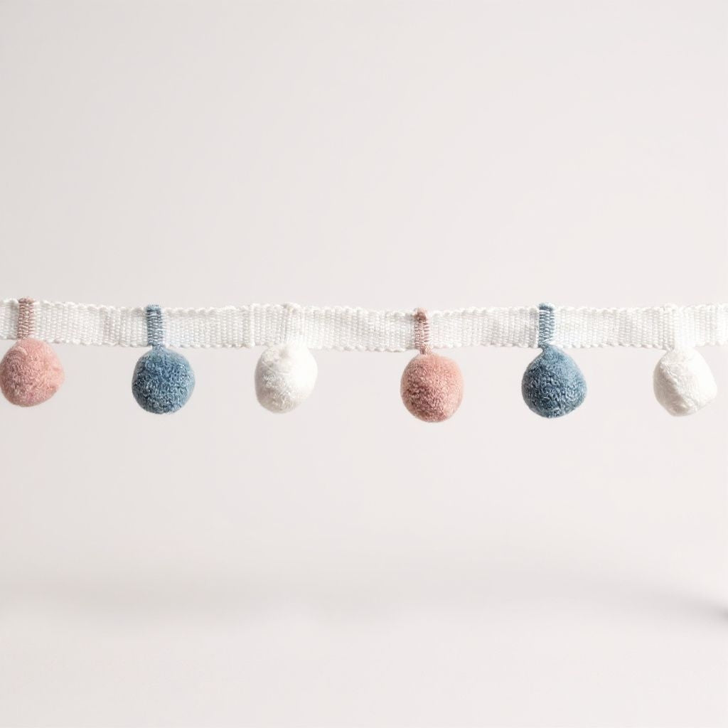Pale blue / white / pale rose pom pom trim, pom pom trimming, bobble fringe, bobble trim, pom pom fringe, bobble trim fringe, pom pom trim