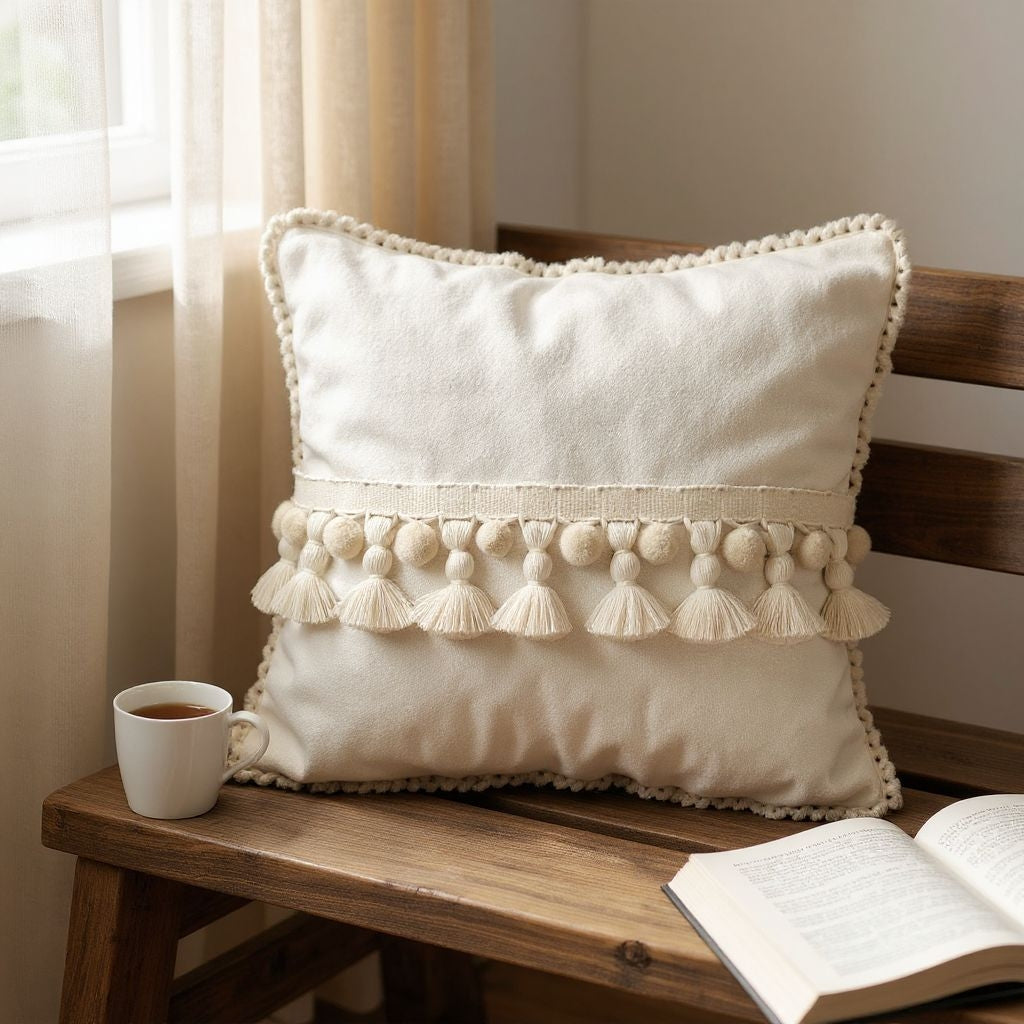 decorative trim UK, pom pom ribbon, pom pom trim UK, tassel trim UK, tassel edging, ivory pom pom tassel trim