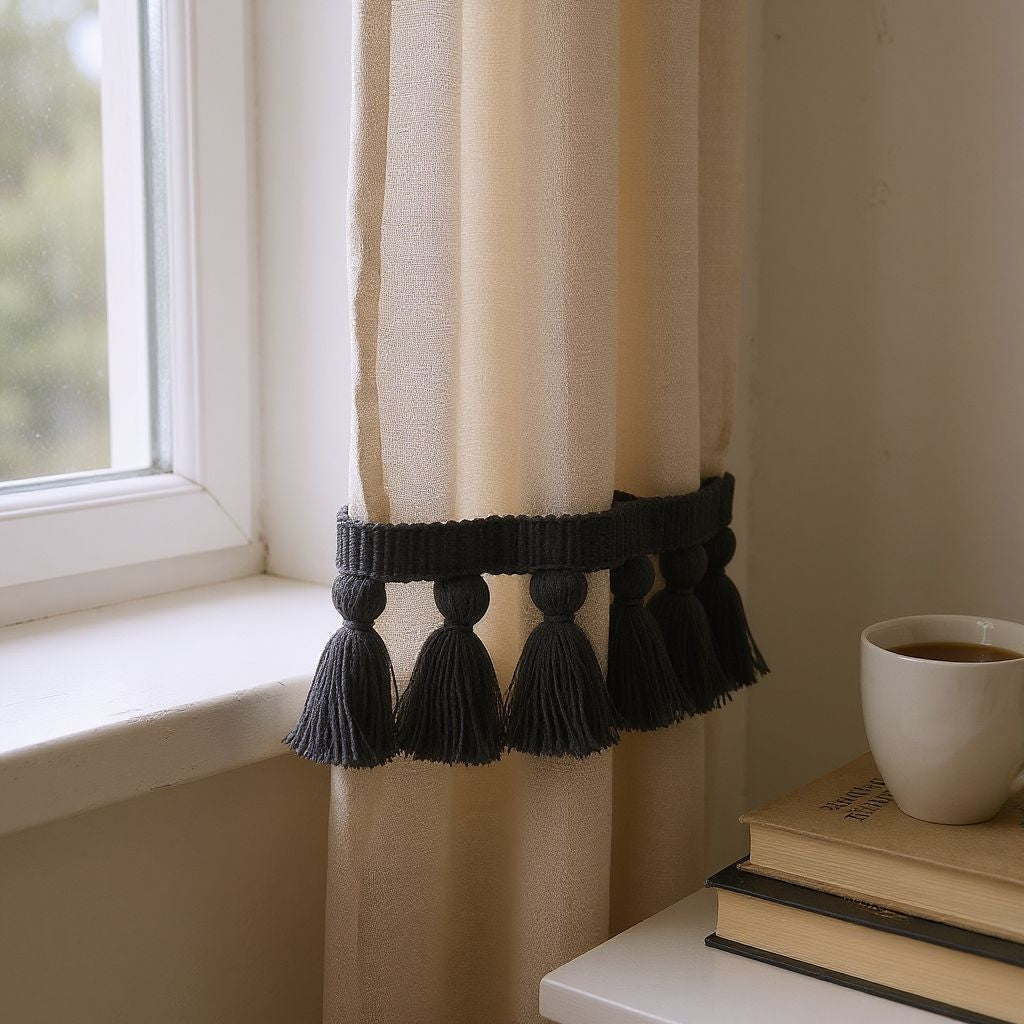 black tassel fringe trim, black trims, tassel trim black, tassel trim by the yard, trim for curtains, trim for cushions, fringe trim
