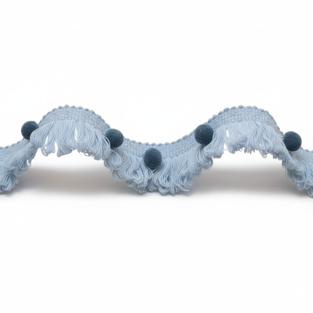 Fan edge trim with pom poms, baby blue and county blue fan edge trim with pom poms