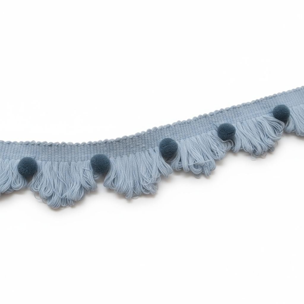 Fan edge trim with pom poms, baby blue and county blue fan edge trim with pom poms