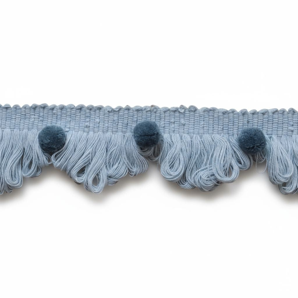 Fan edge trim with pom poms, baby blue and county blue fan edge trim with pom poms