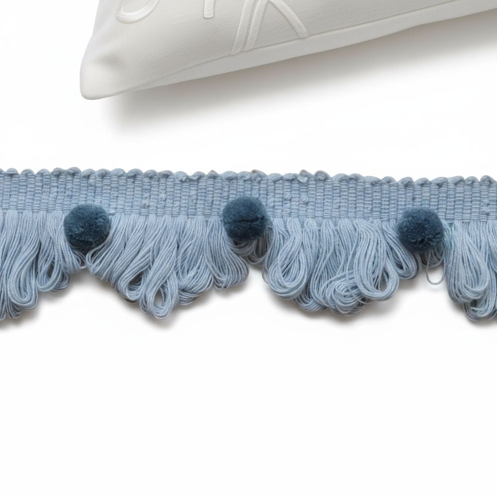 Fan edge trim with pom poms, baby blue and county blue fan edge trim with pom poms