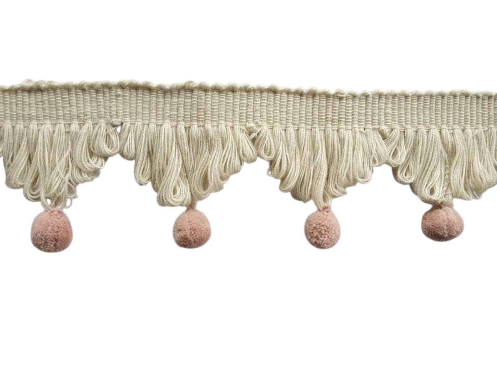 ivory fan edge trim, blush pink pom poms, pale rose pom poms, fan edge trim