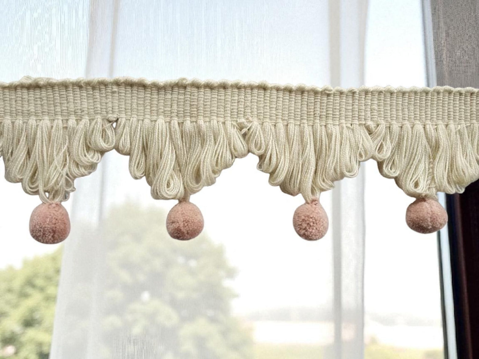 ivory fan edge trim, blush pink pom poms, pale rose pom poms, fan edge trim