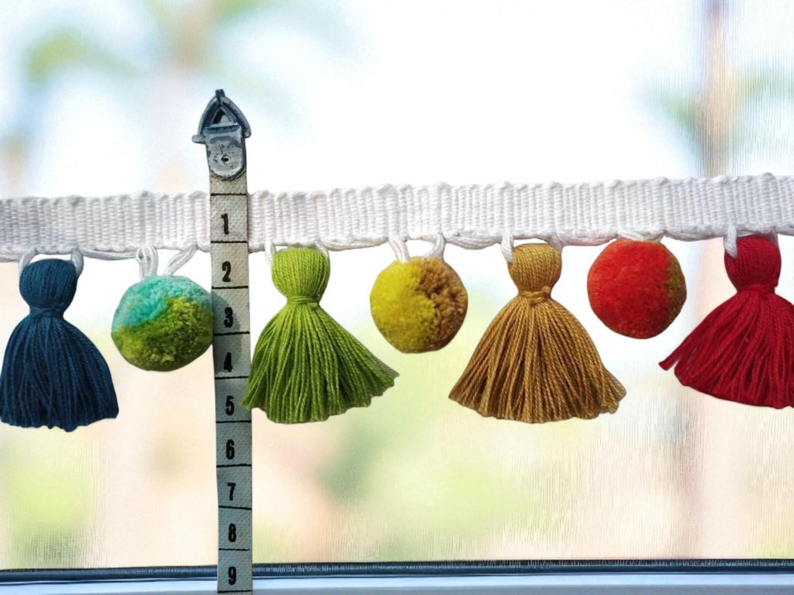 multi colored dual tone pom pom tassel trim, rainbow pom poms, pom pom garland, pom pom trim, tassel trim