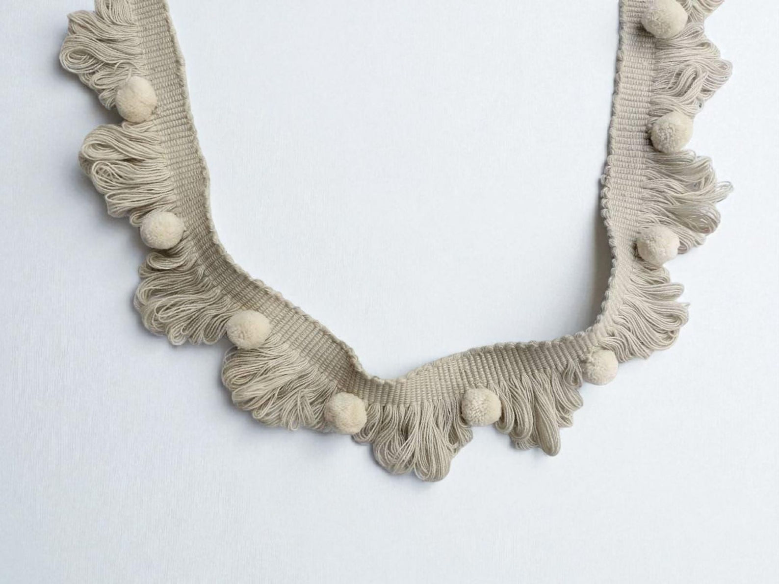 Light stone fan edge trim with ivory pom poms, fan edge trim, light stone fan edge trim, ivory pom pom, pom pom trim, fringe trim, Curtains