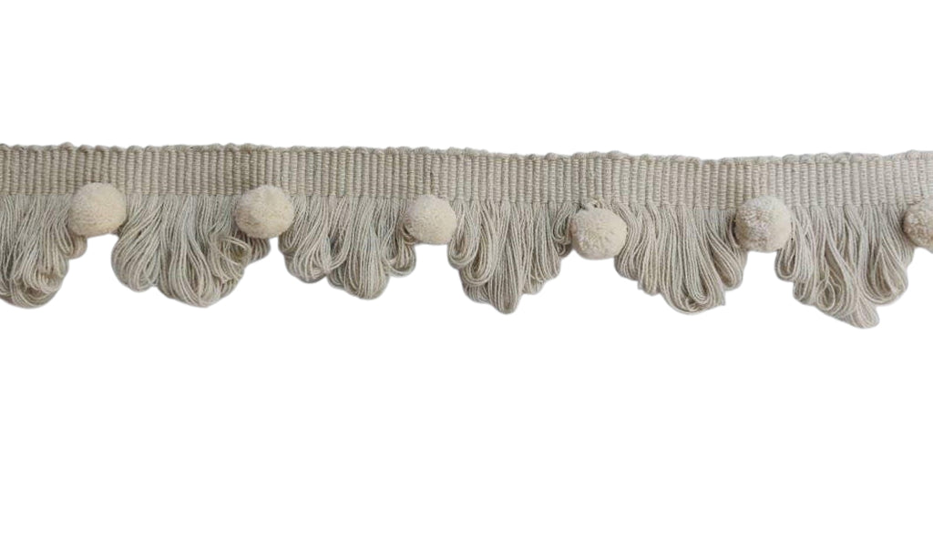 Light stone fan edge trim with ivory pom poms, fan edge trim, light stone fan edge trim, ivory pom pom, pom pom trim, fringe trim, Curtains