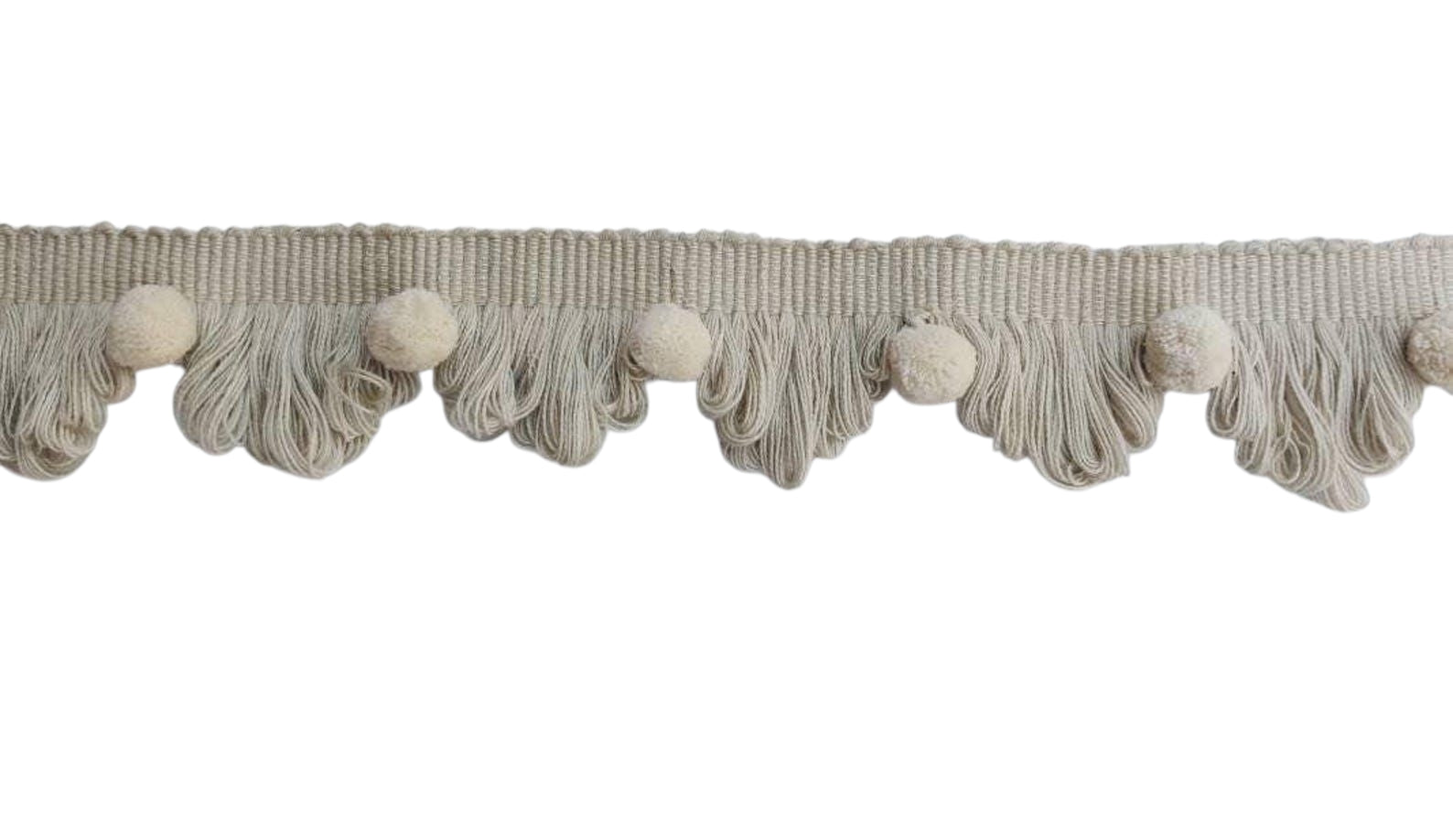 Light stone fan edge trim with ivory pom poms, fan edge trim, light stone fan edge trim, ivory pom pom, pom pom trim, fringe trim, Curtains