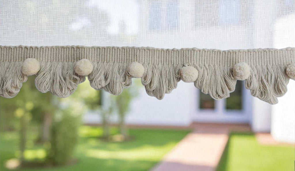 Light stone fan edge trim with ivory pom poms, fan edge trim, light stone fan edge trim, ivory pom pom, pom pom trim, fringe trim, Curtains