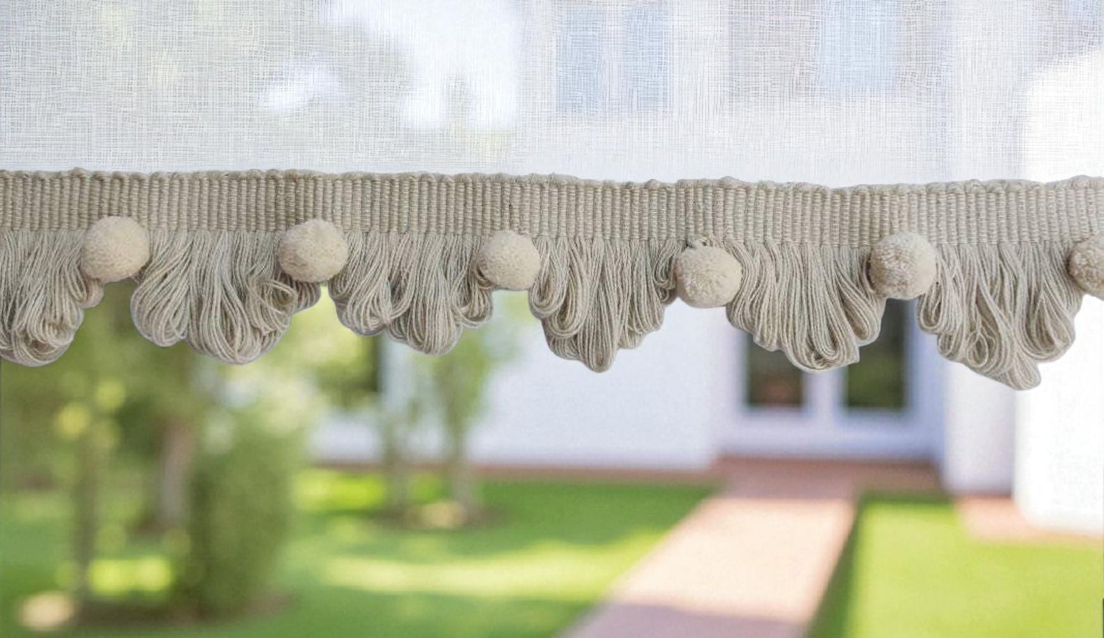 Light stone fan edge trim with ivory pom poms, fan edge trim, light stone fan edge trim, ivory pom pom, pom pom trim, fringe trim, Curtains