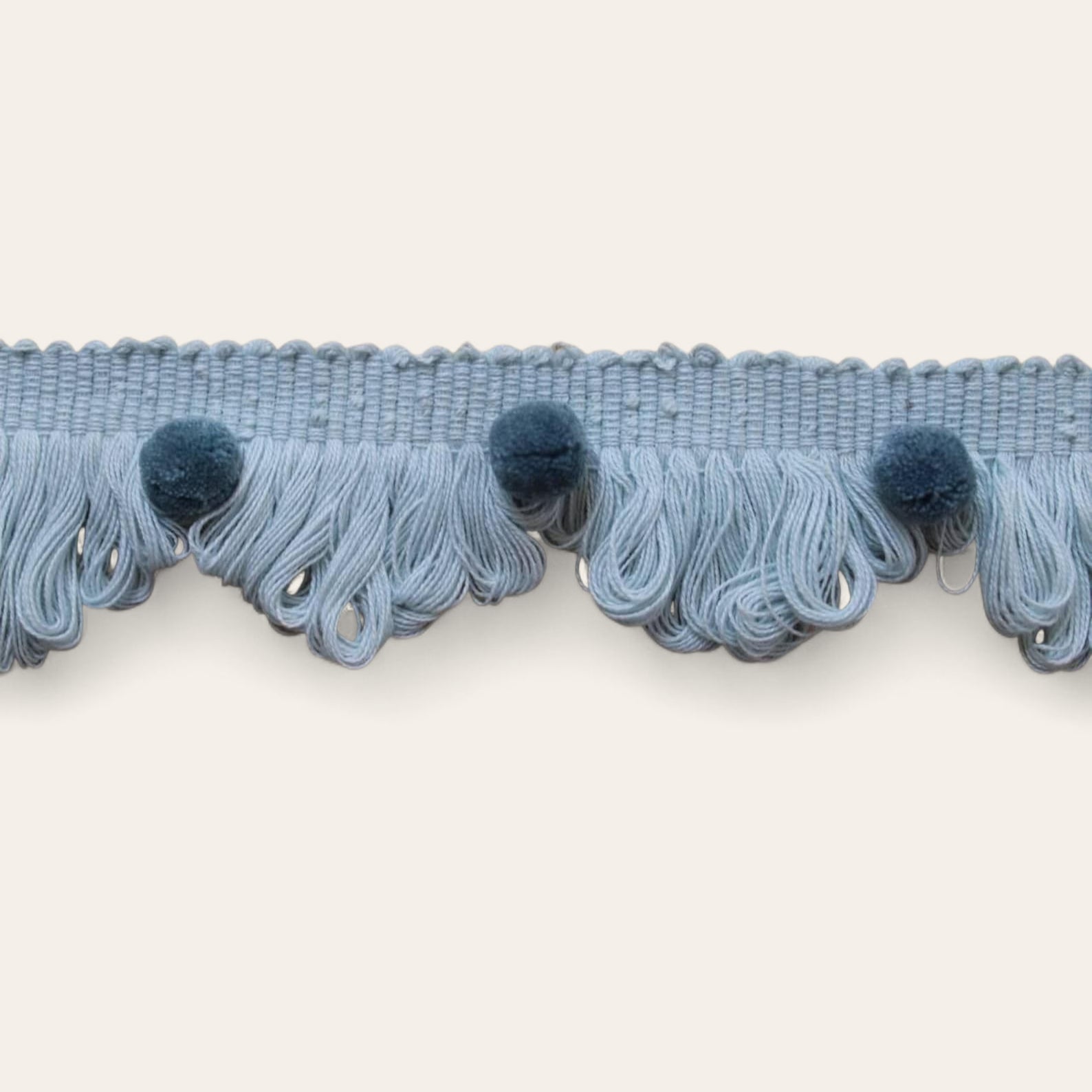 Fan edge trim with pom poms, baby blue and county blue fan edge trim with pom poms