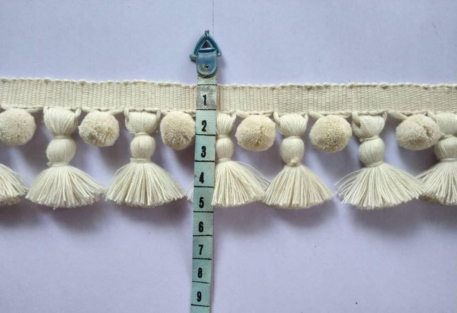 decorative trim UK, pom pom ribbon, pom pom trim UK, tassel trim UK, tassel edging, ivory pom pom tassel trim