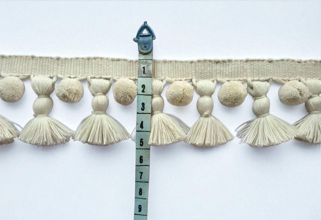 decorative trim UK, pom pom ribbon, pom pom trim UK, tassel trim UK, tassel edging, ivory pom pom tassel trim
