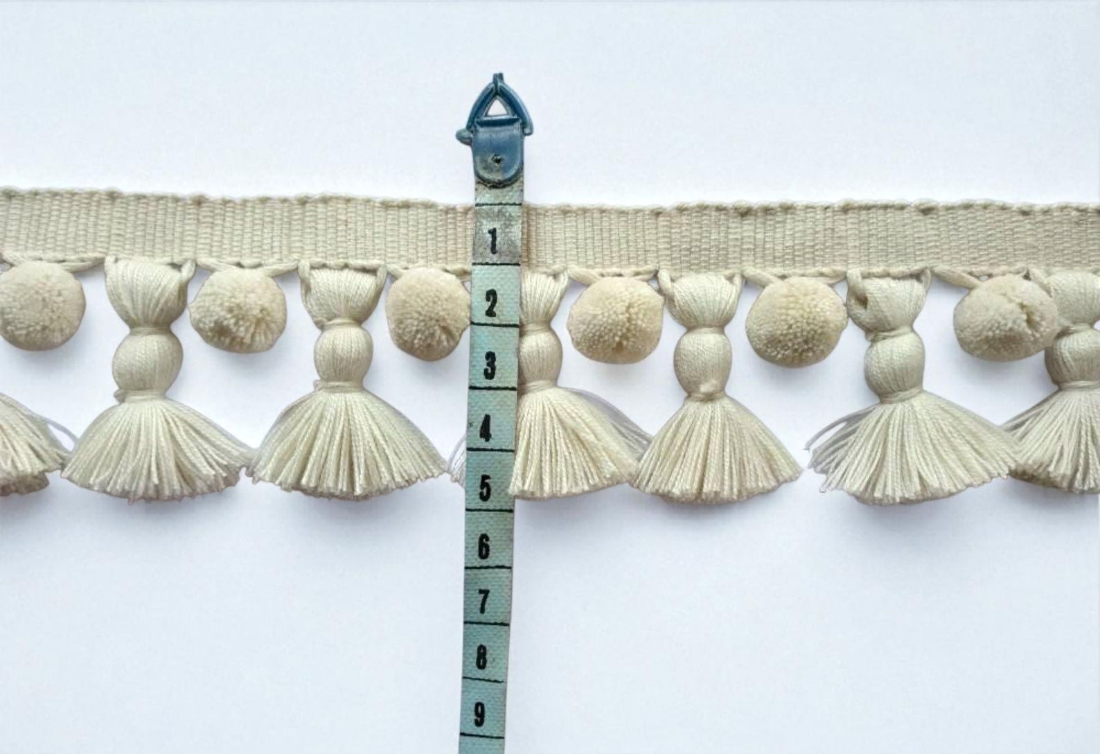 decorative trim UK, pom pom ribbon, pom pom trim UK, tassel trim UK, tassel edging, ivory pom pom tassel trim