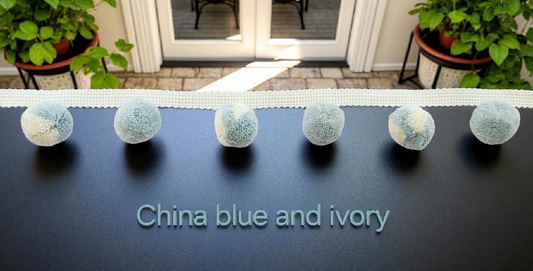 2cmChina blue and ivory pom pom trim,  pom pom trim, pom pom fringe, pom pom fringes, bobble trim, pom pom garland, cushion pom pom, pom pom