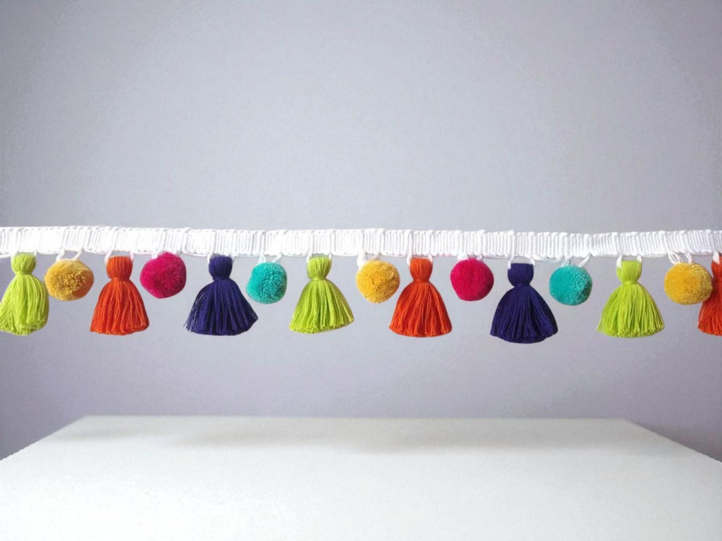 tassel trim by the yard, tassel fringe trim, Tassel trim, pom pom trim, multi colored pom pom tassel trim,blue tassel, yellow pom poms
