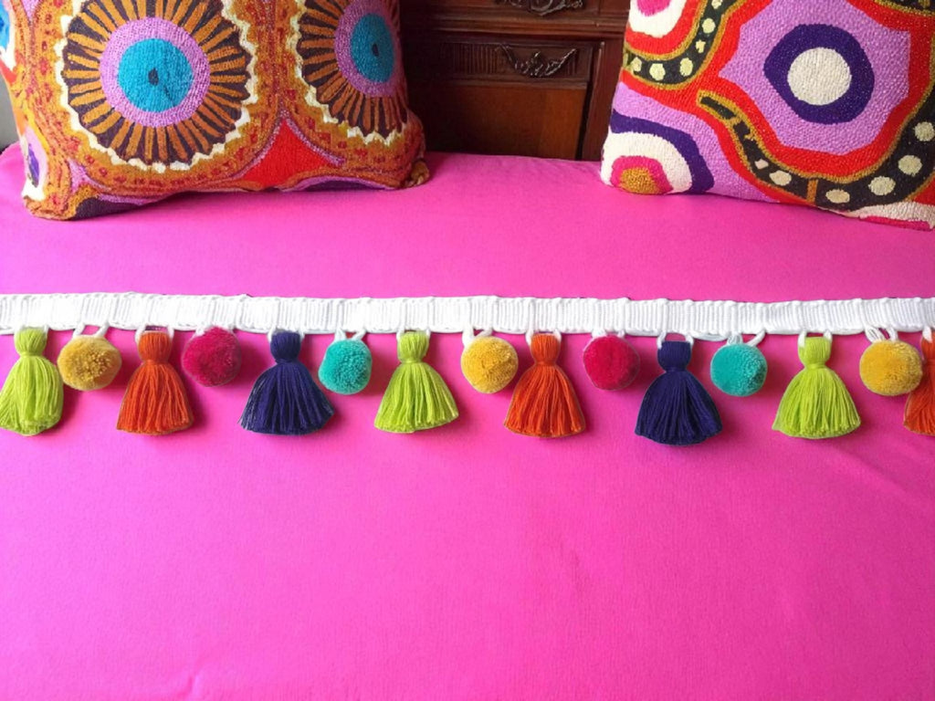 tassel trim by the yard, tassel fringe trim, Tassel trim, pom pom trim, multi colored pom pom tassel trim,blue tassel, yellow pom poms