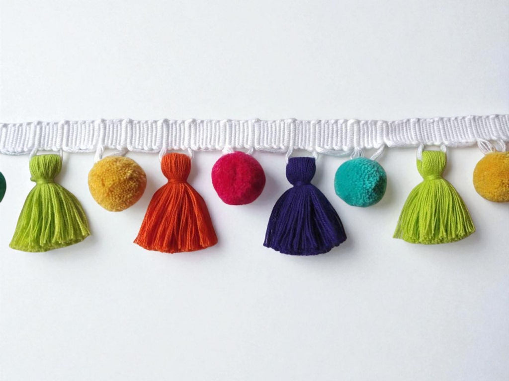 tassel trim by the yard, tassel fringe trim, Tassel trim, pom pom trim, multi colored pom pom tassel trim,blue tassel, yellow pom poms