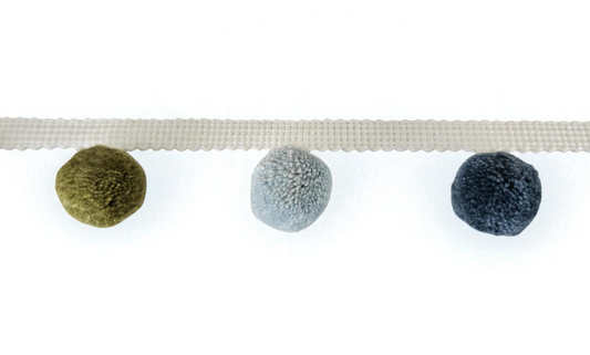 7 Multi colored pom pom trim, beech citrine oak china blue french blue pumpkin hellebore colors pom pom trim, pom pom poly ball fringe