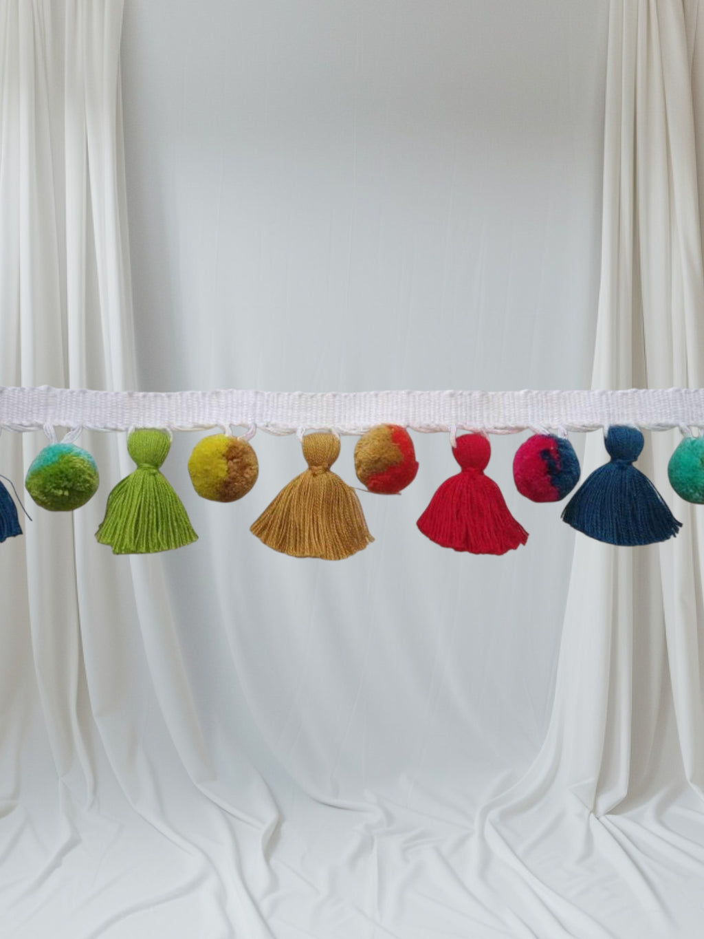 multi colored dual tone pom pom tassel trim, rainbow pom poms, pom pom garland, pom pom trim, tassel trim
