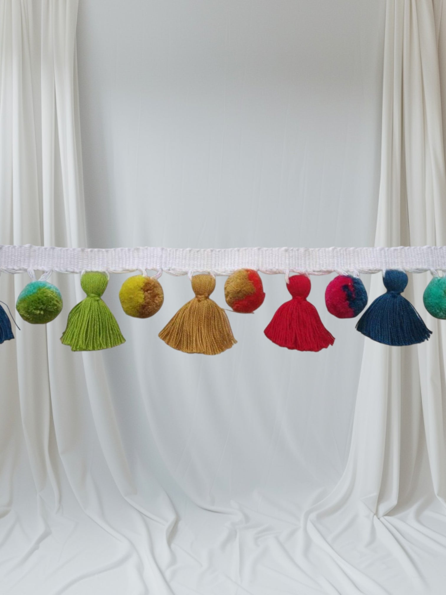 multi colored dual tone pom pom tassel trim, rainbow pom poms, pom pom garland, pom pom trim, tassel trim
