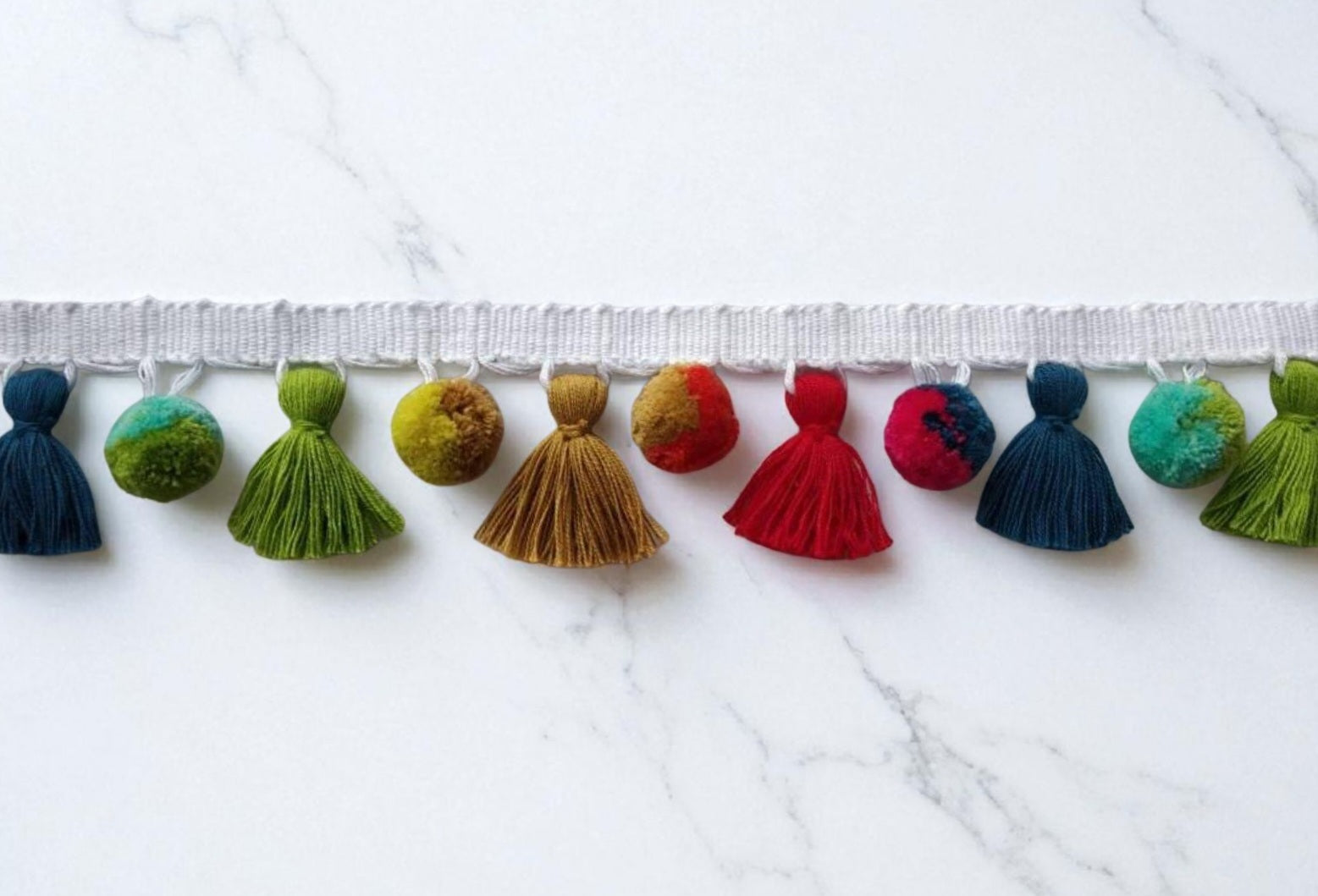 multi colored dual tone pom pom tassel trim, rainbow pom poms, pom pom garland, pom pom trim, tassel trim