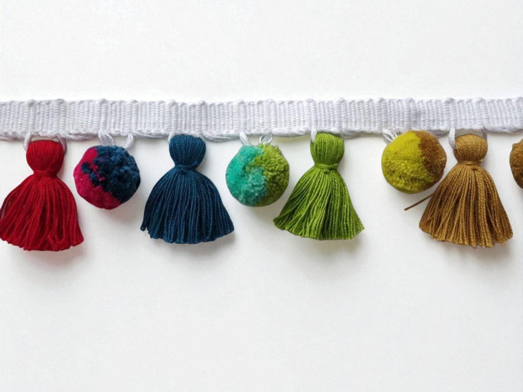 multi colored dual tone pom pom tassel trim, rainbow pom poms, pom pom garland, pom pom trim, tassel trim
