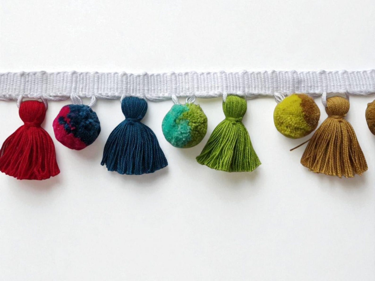 multi colored dual tone pom pom tassel trim, rainbow pom poms, pom pom garland, pom pom trim, tassel trim