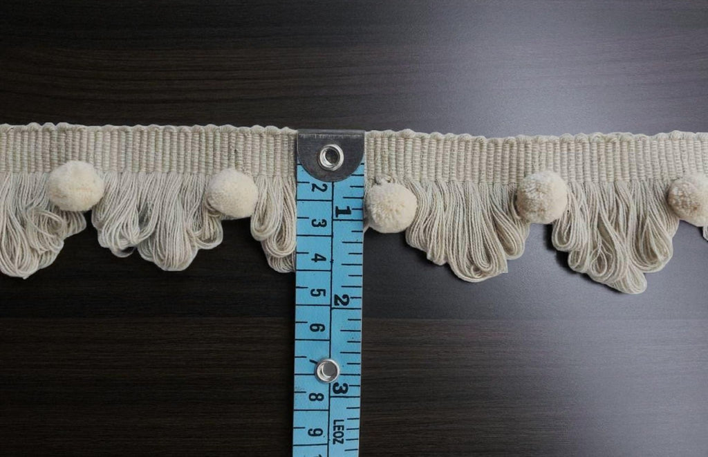 Light stone fan edge trim with ivory pom poms, fan edge trim, light stone fan edge trim, ivory pom pom, pom pom trim, fringe trim, Curtains