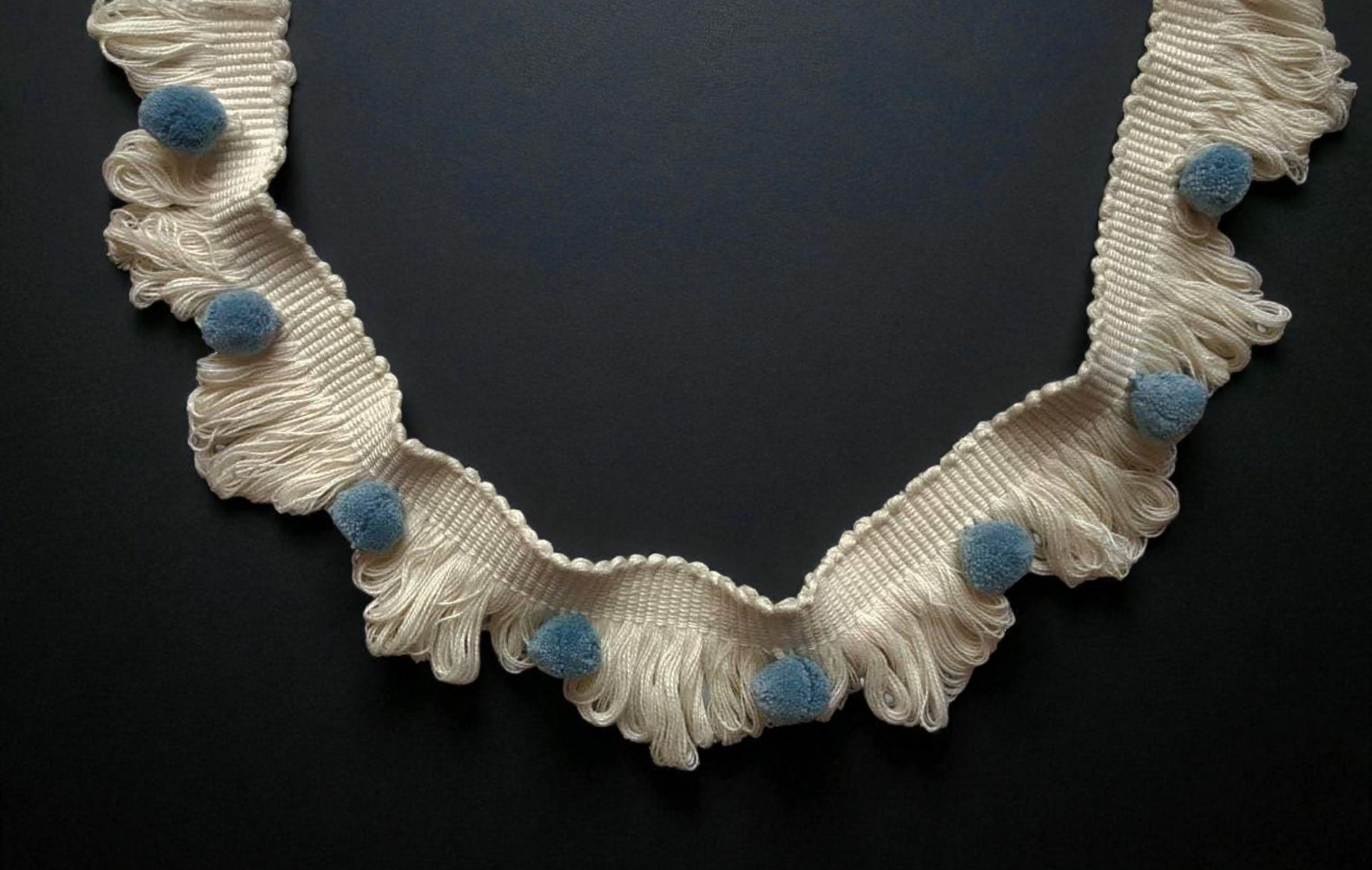 Looped fringe trim, pale blue/county blue pom pom ivory fan edge trim, fan edge trim, pom pom trim, pale blue pom pom trim, ivory fan edge