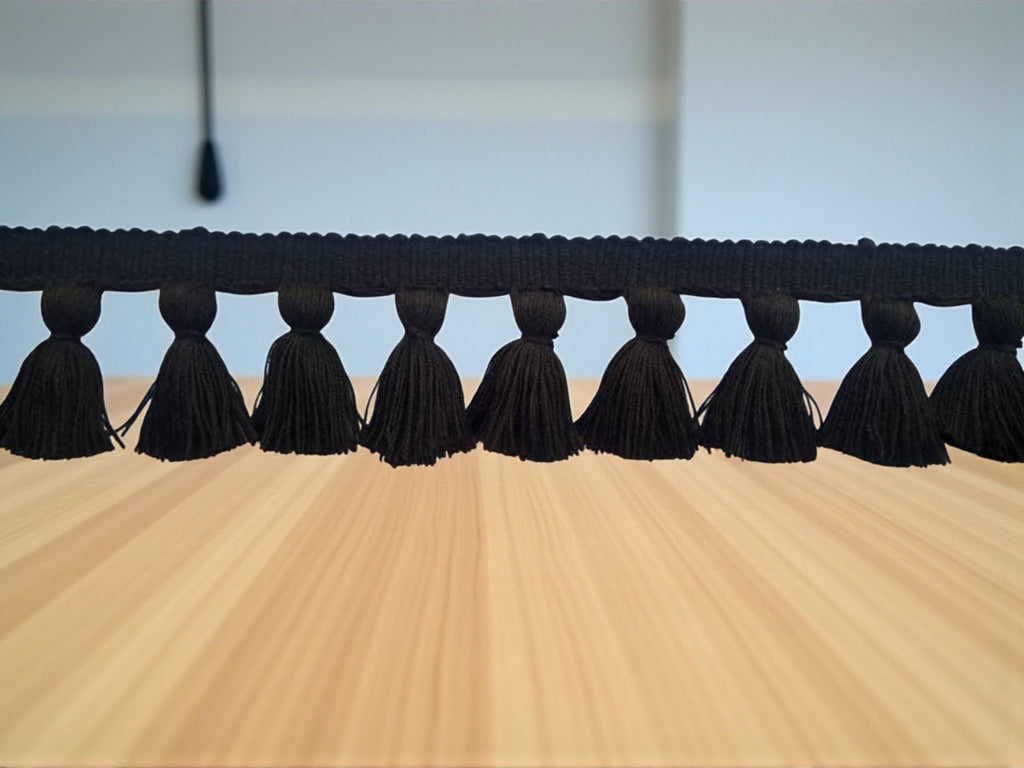 black tassel fringe trim, black trims, tassel trim black, tassel trim by the yard, trim for curtains, trim for cushions, fringe trim