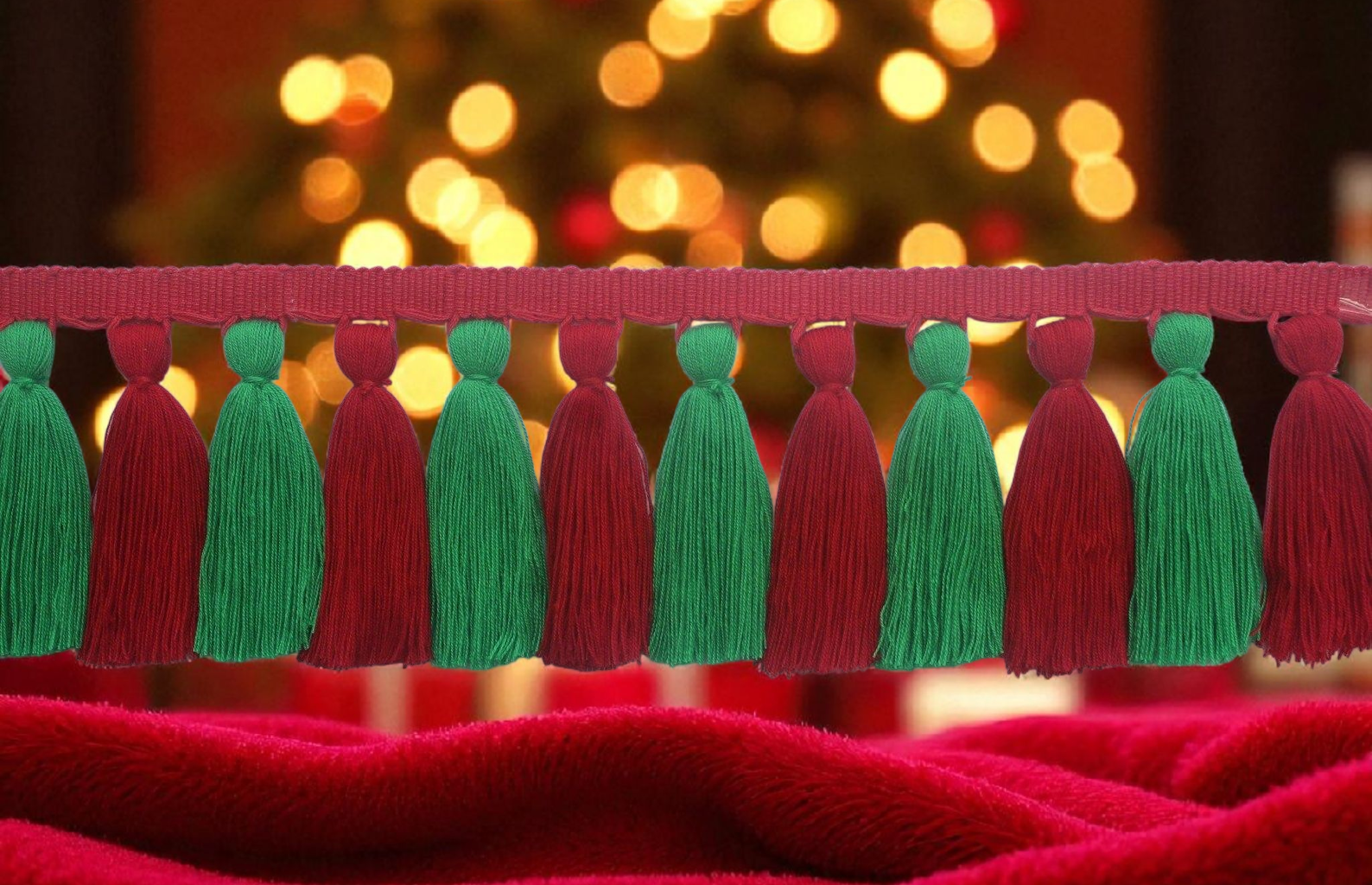 Christmas decorations, Christmas trimmings, Christmas tassel garland, green tassel, red tassel, multi colored tassel trim, tassel trim