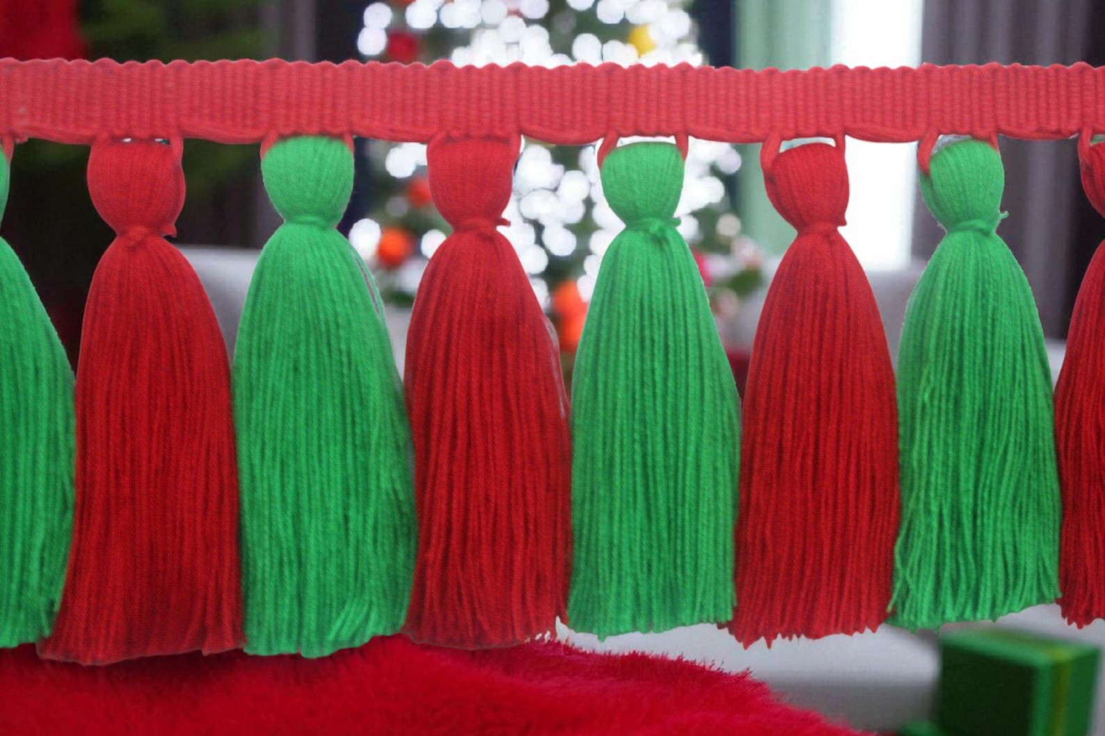 Christmas decorations, Christmas trimmings, Christmas tassel garland, green tassel, red tassel, multi colored tassel trim, tassel trim