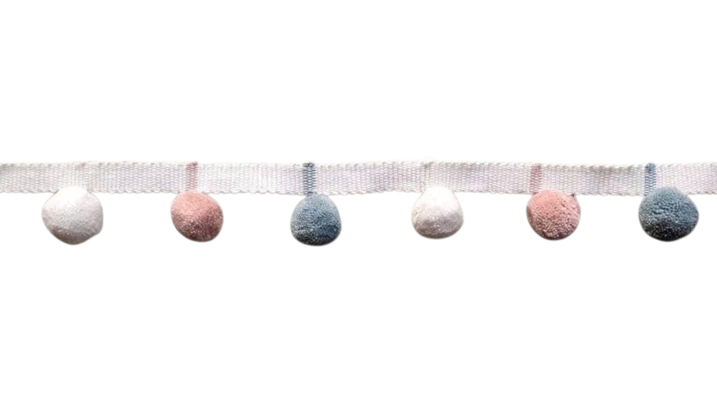 Pale blue / white / pale rose pom pom trim, pom pom trimming, bobble fringe, bobble trim, pom pom fringe, bobble trim fringe, pom pom trim