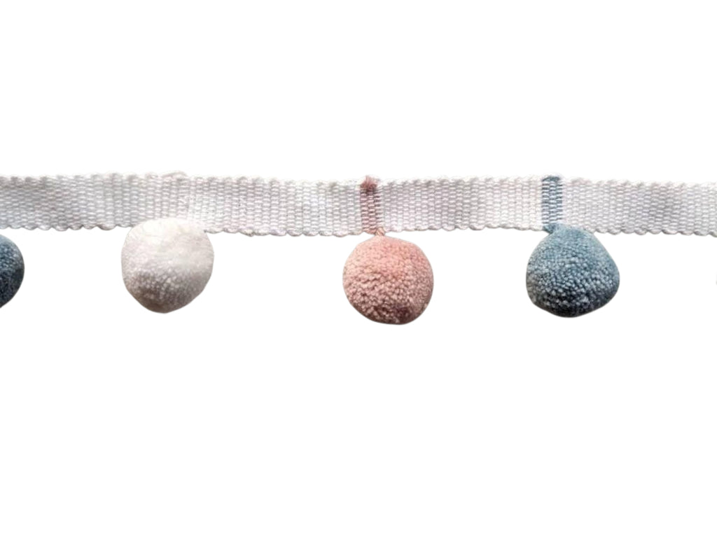 Pale blue / white / pale rose pom pom trim, pom pom trimming, bobble fringe, bobble trim, pom pom fringe, bobble trim fringe, pom pom trim